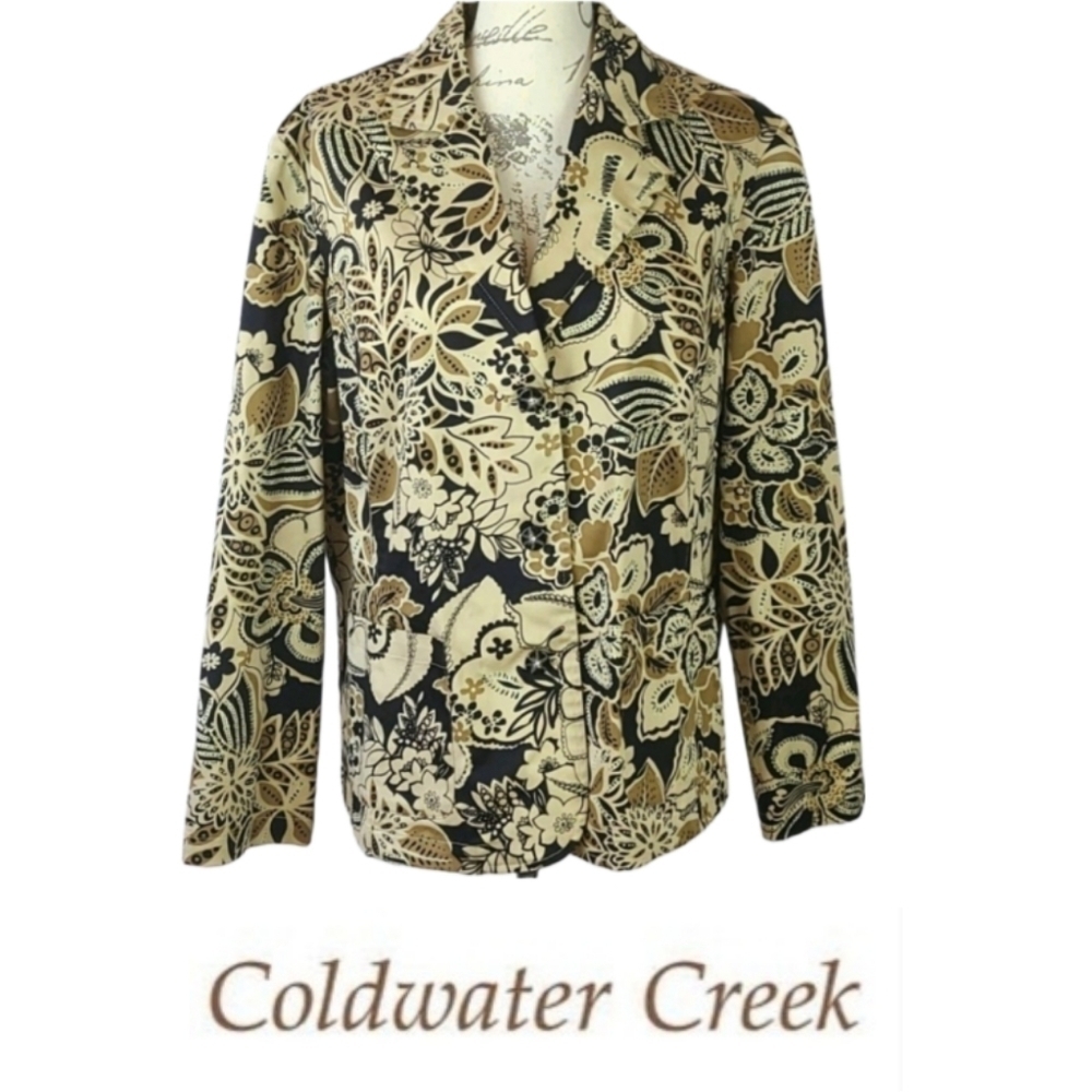 Women's Plus Coldwater Creek Tan Black Retro Floral Blazer Jacket, 1X